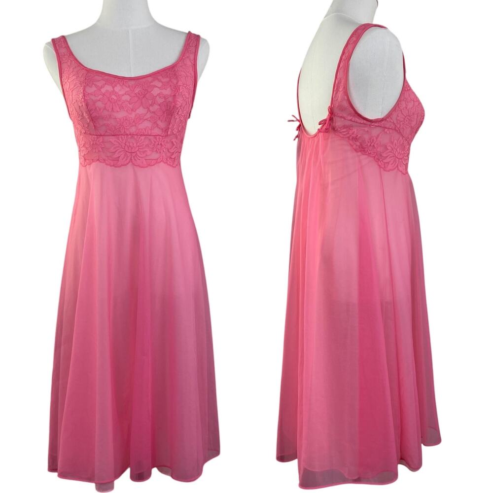 Vintage 60s MOD Pink Nylon Chiffon Lace Flowing Back Nightgown Women's Size S